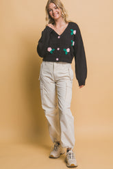 Black Mid Cropped Flower Detailed Cardigan Simmer & Fay